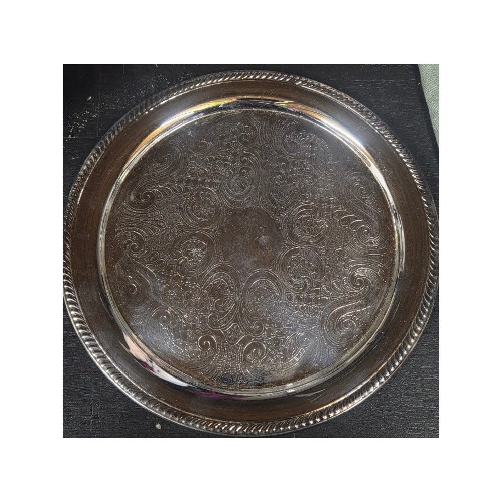F.B. Rogers Silverplate Round Serving Tray Etched Floral Scroll Rope Edge 12in
